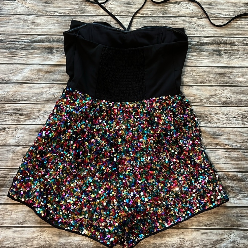 TCEC Strapless Black Bow Top Multi-Colored Sequined Romper M - Picture 5 of 10